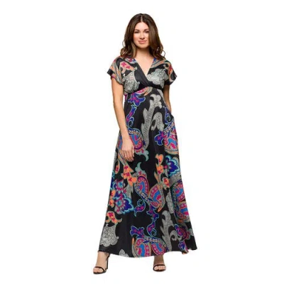 24seven Comfort Apparel Maternity Black Paisley Print V-neck Empire Waist Cap Sleeve Maxi Dress In Multi