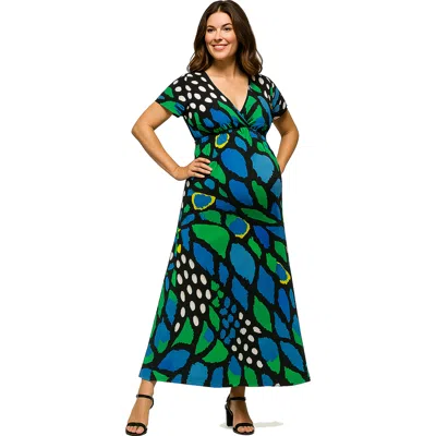 24seven Comfort Apparel Maternity Blue Butterfly Print V-neck Empire Waist Cap Sleeve Maxi Dress In Green