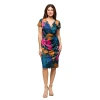 24seven Comfort Apparel Maternity Blue Floral Knee Length Short Sleeve Faux Wrap Dress In Multi