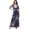24seven Comfort Apparel Maternity Blue Floral Print Elbow Sleeve Casual A-line Maxi Dress