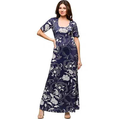 24seven Comfort Apparel Maternity Blue Floral Print Elbow Sleeve Casual A-line Maxi Dress In Multi