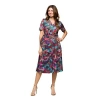 24seven Comfort Apparel Maternity Brown And Pink Print Short Sleeve Tie Waist Midi Dress