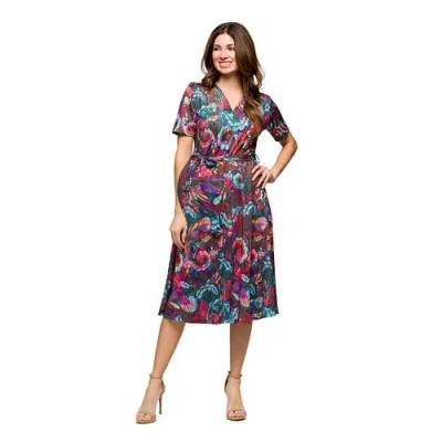 24seven Comfort Apparel Maternity Brown And Pink Print Short Sleeve Tie Waist Midi Dress