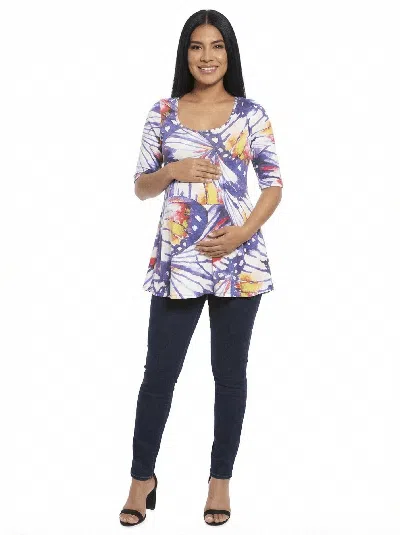 24seven Comfort Apparel Maternity Butterfly Scoop Neck Elbow Sleeve Tunic Top In Blue