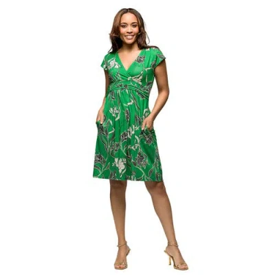 24seven Comfort Apparel Maternity Cap Sleeve Green Floral V-neck Knee Length Pocket Dress