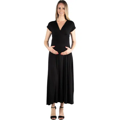 24seven Comfort Apparel Maternity Cap Sleeve V-neck Maxi Dress In Black