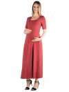 24seven Comfort Apparel Casual Maternity Maxi Dress With Sleeves In Red