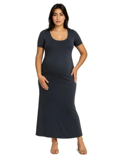 24seven Comfort Apparel Maternity Casual Maxi Dress With Sleeves In Blue