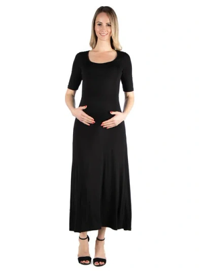 24seven Comfort Apparel Maternity Casual Maxi Dress With Sleeves In Black