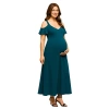 24seven Comfort Apparel Maternity Cold Sholder Ruffle Sleeve A-line Maxi Dress In Green