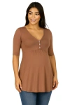 24seven Comfort Apparel Maternity Elbow Sleeve Tunic Top With Button Detail