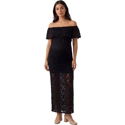 24seven Comfort Apparel Maternity Elevate Lace Off The Shoulder Side Slit Body-con Maxi Dress In Black