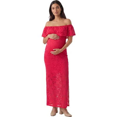 24seven Comfort Apparel Maternity Elevate Lace Off The Shoulder Side Slit Body-con Maxi Dress In Red