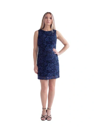 24seven Comfort Apparel Maternity Elevate Lace Sleeveless Boat Neck Mini Shift Dress In Blue