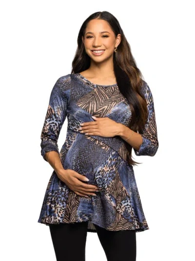 24seven Comfort Apparel Maternity Essential Animal Print Three Quarter Sleeve Tunic Top In Multi