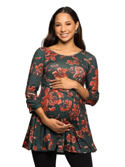 24seven Comfort Apparel Maternity Essential Floral Print Three Quarter Sleeve Tunic Top In Green