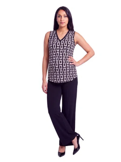 24seven Comfort Apparel Maternity Essential Geometric Print V-neck Round Hem Top And Flared Pant Set In Multi