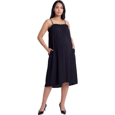 24seven Comfort Apparel Maternity Essential Spaghetti Strap Smocked Pocket A-line Maxi Dress In Black
