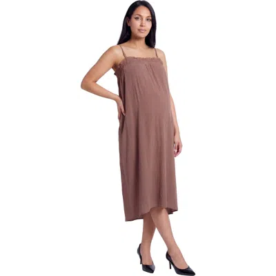 24seven Comfort Apparel Maternity Essential Spaghetti Strap Smocked Pocket A-line Maxi Dress In Brown