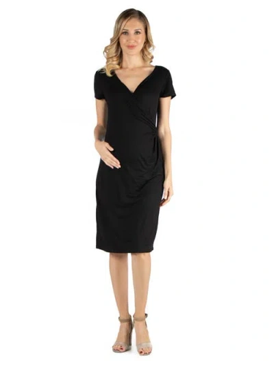 24seven Comfort Apparel Faux Wrapover Maternity Dress With Cap Sleeves In Black