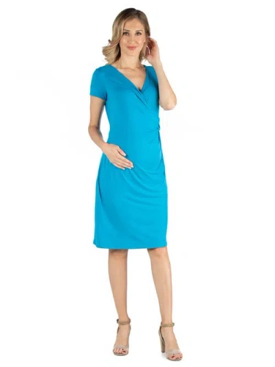 24seven Comfort Apparel Maternity Faux Wrapover Dress With Cap Sleeves In Blue