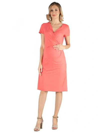 24seven Comfort Apparel Maternity Faux Wrapover Dress With Cap Sleeves In Pink