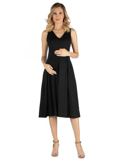24seven Comfort Apparel Maternity Fit And Flare Sleeveless Midi Dress With Pockets In Black