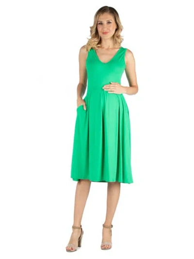24seven Comfort Apparel Maternity Fit And Flare Sleeveless Midi Dress With Pockets In Green