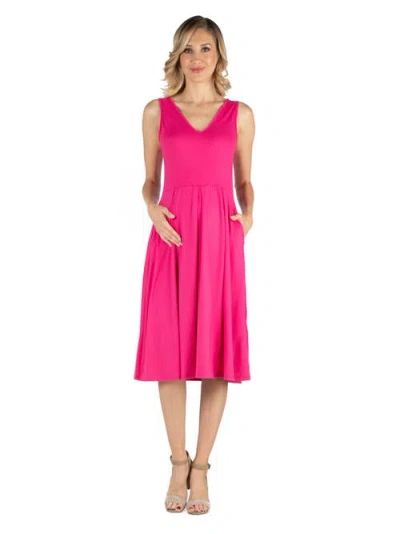 24seven Comfort Apparel Maternity Fit And Flare Sleeveless Midi Dress With Pockets In Pink