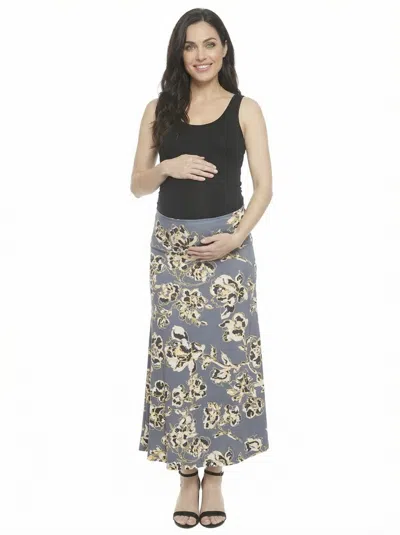 24seven Comfort Apparel Maternity Floral Elastic Waist A Line Maxi Skirt In Gray