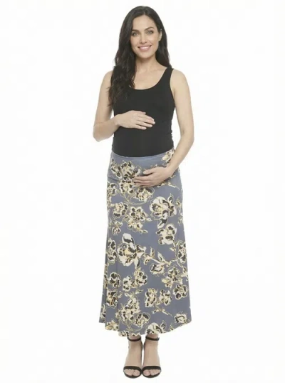 24seven Comfort Apparel Maternity Floral Elastic Waist A-line Maxi Skirt In Blue