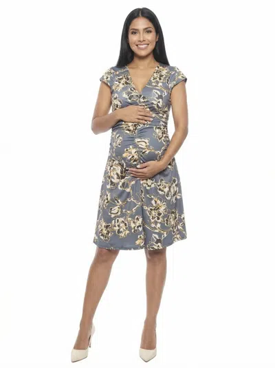24seven Comfort Apparel Maternity Floral V Neck Cap Sleeve Ruched Front Knee Length Dress In Gray