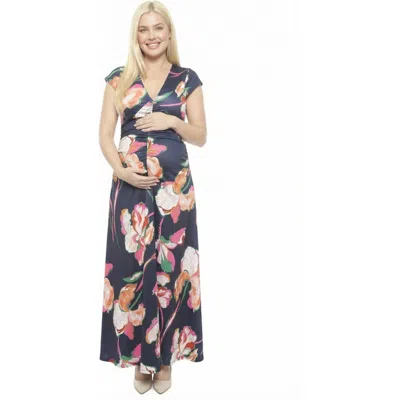 24seven Comfort Apparel Maternity Floral V-neck Cap Sleeve Ruched Front Maxi Dress In Blue