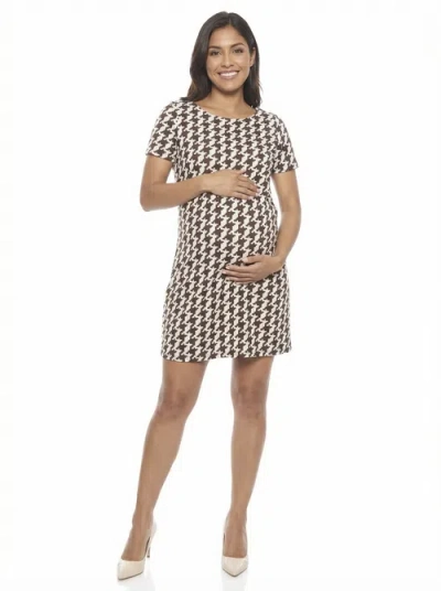 24seven Comfort Apparel Maternity Geometric Short Sleeve Round Neck Mini Shift Dress In Brown