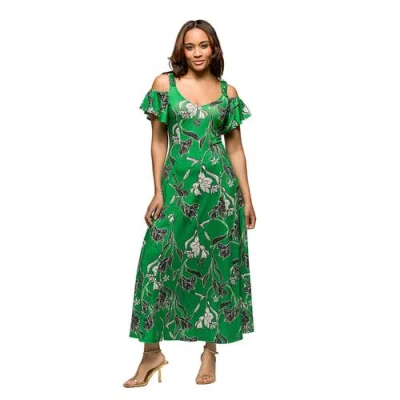 24seven Comfort Apparel Maternity Green Floral Cold Sholder Ruffle Sleeve A-line Maxi Dress