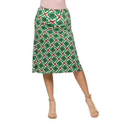 24seven Comfort Apparel Maternity Green Geometric Print Elastic Waist Knee Length Skirt