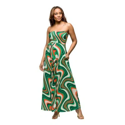 24seven Comfort Apparel Maternity Green Print A-line Strapless Maxi Dress With Pockets In Multi
