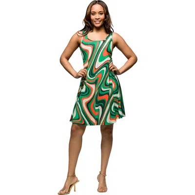 24seven Comfort Apparel Maternity Green Print Sleeveless Knee Length Tank Swing Dress In Multi