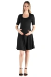 24seven Comfort Apparel Maternity Knee Length A-line Elbow Sleeve Dress In Black
