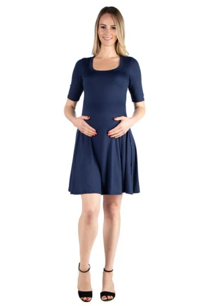 24seven Comfort Apparel Maternity Knee Length A-line Elbow Sleeve Dress In Navy