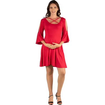 24seven Comfort Apparel Maternity Knee Length Cold Shoulder Dress In Red