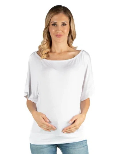 24seven Comfort Apparel Maternity Wide Boat Neck Loose Fit Dolman Sleeve Top In White