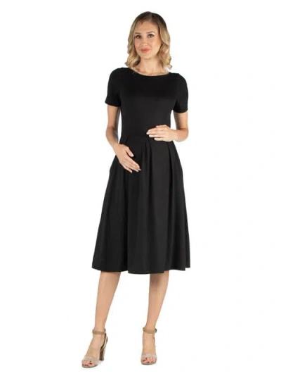 24seven Comfort Apparel Maternity Midi Dress With Short Sleeve And Pocket Detail
