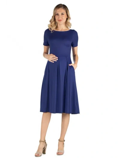 24seven Comfort Apparel Maternity Midi Dress With Short Sleeve And Pocket Detail In Blue