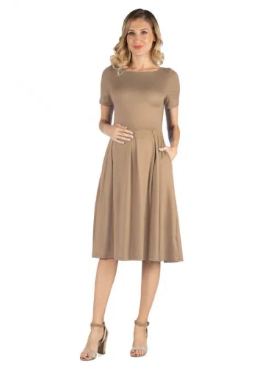24seven Comfort Apparel Maternity Midi Dress With Short Sleeve And Pocket Detail In Brown