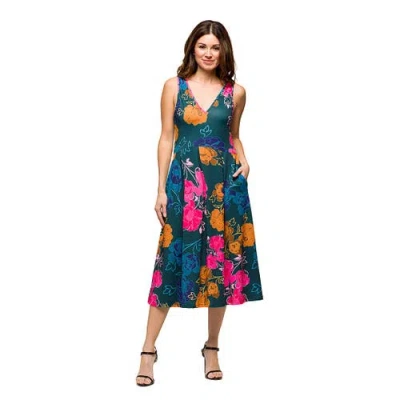 24SEVEN COMFORT APPAREL 24SEVEN COMFORT APPAREL MATERNITY MIDI LENGTH BLUE FLORAL PRINT SLEEVELESS PLEATED POCKET DRESS