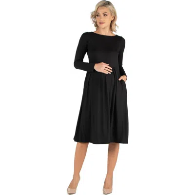 24SEVEN COMFORT APPAREL 24SEVEN COMFORT APPAREL MATERNITY MIDI LENGTH FIT AND FLARE POCKET DRESS