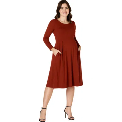 24seven Comfort Apparel Maternity Midi Length Fit And Flare Pocket Dress In Brown