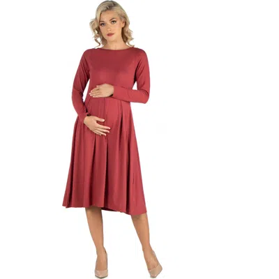 24seven Comfort Apparel Maternity Midi Length Fit And Flare Pocket Dress In Pink