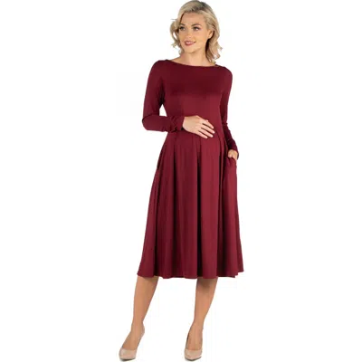 24seven Comfort Apparel Maternity Midi Length Fit And Flare Pocket Dress In Burgundy